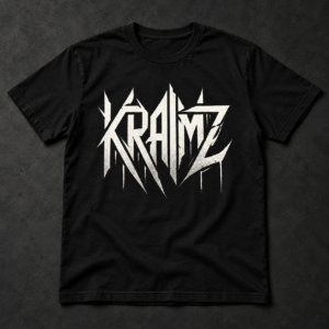 Mockup de polo negro con el logotipo completo de Kraimz en blanco